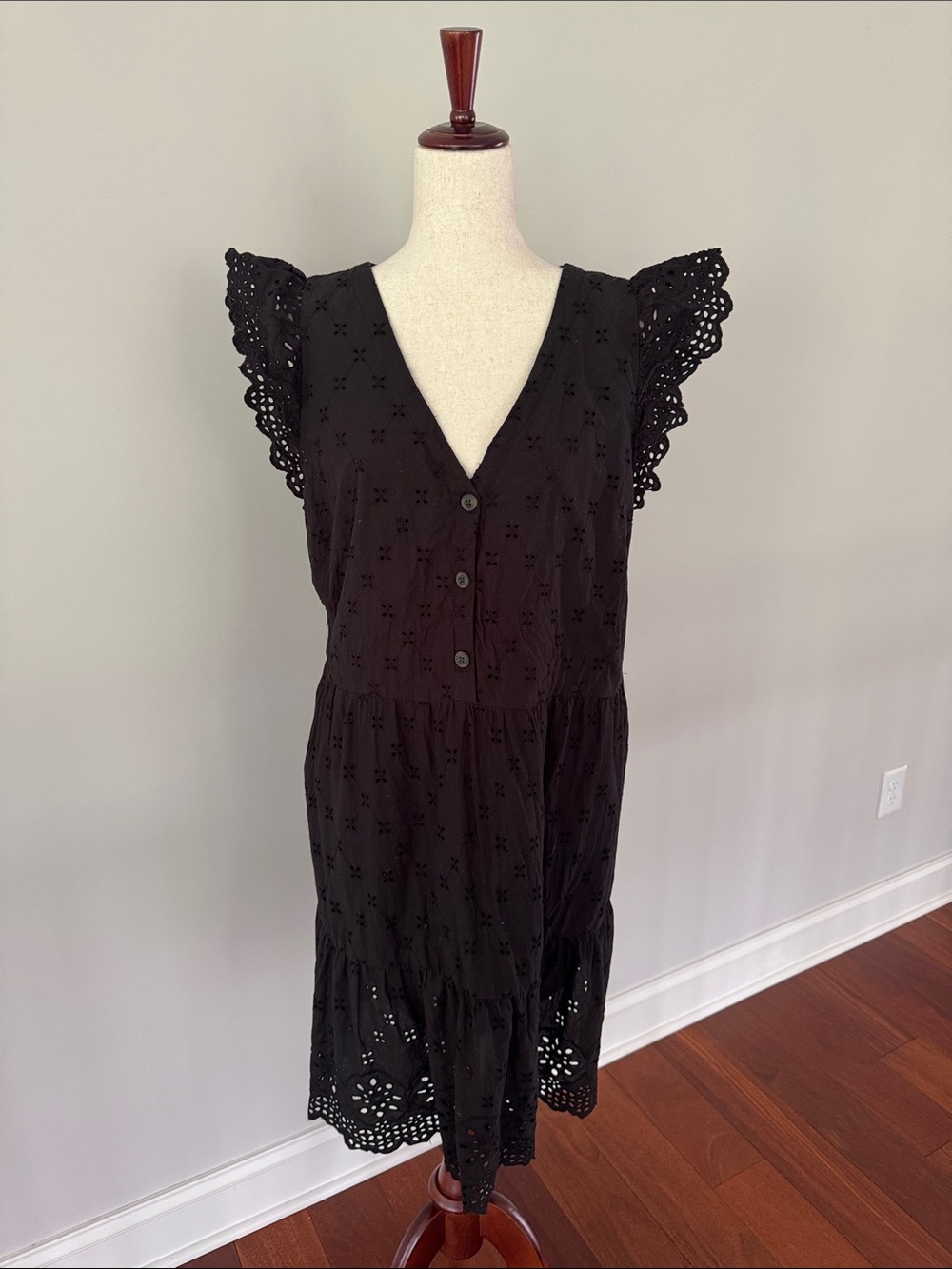 LOFT Black Eyelet V-Neck Midi Dress with Flutter Sleeves